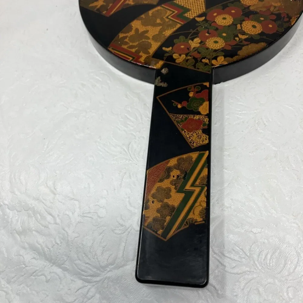 VTG Otagiri Nesting Double Hand Mirror Handles Black Lacquer 11” Diameter  Japan